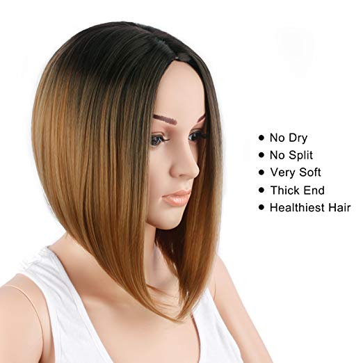 BARSDAR 14" Girl’s Short Ombre Bob Hair Wigs Straight Synthetic Colorful Halloween Cosplay Daily Party Wig for Women Natural Looking Heat Resistant As Real Hair-Black to Light Brown
